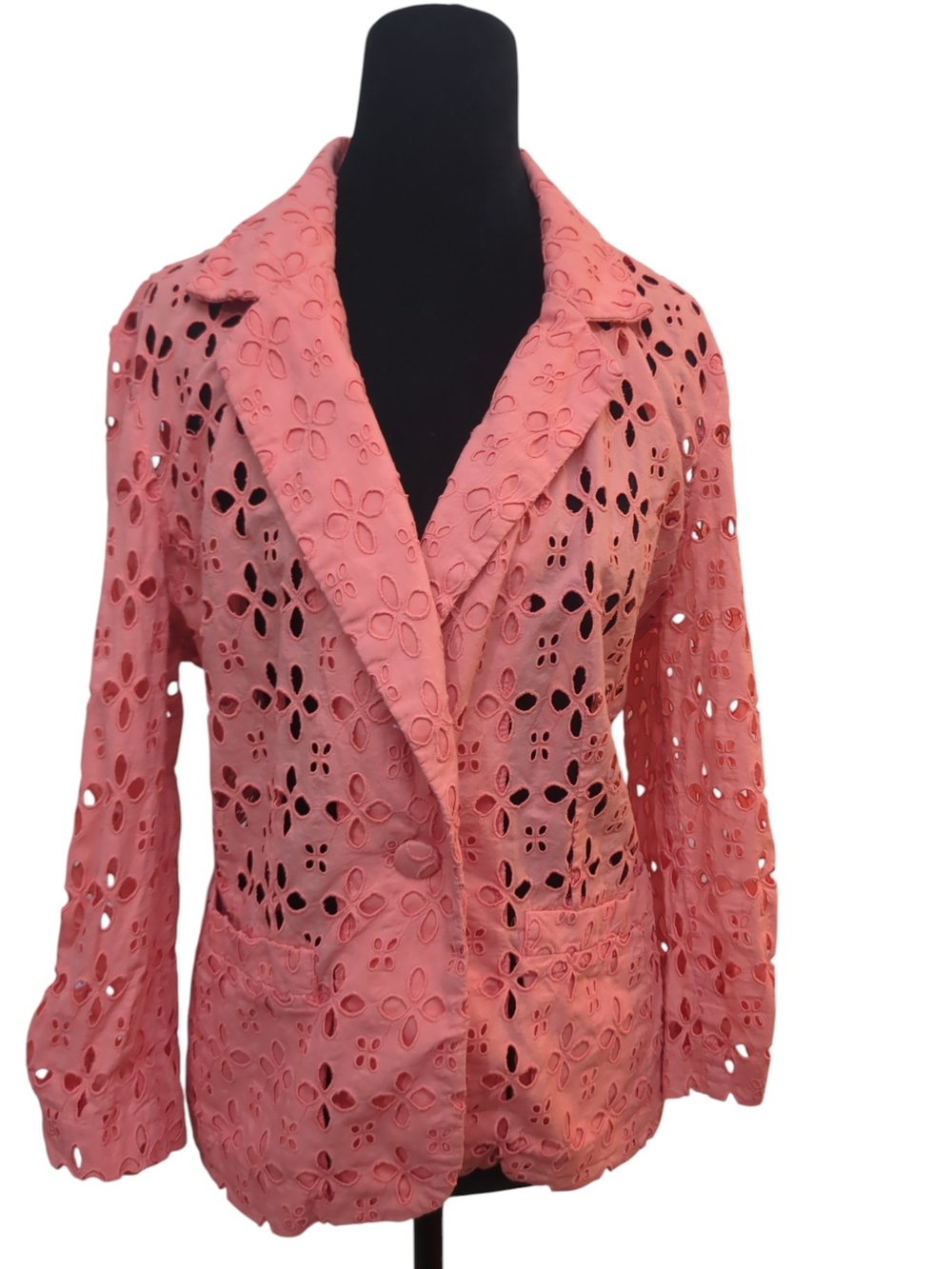 Madison Leigh Coral Blazer XL Floral Cutout Cotton Statement Blazer Cottagecore